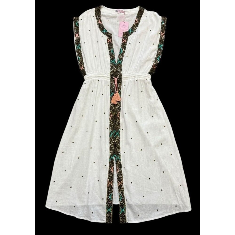 Calypso St. Barth Sz L Dress White Cotton Gauze Beaded Kaftan Maxi Boho Summer